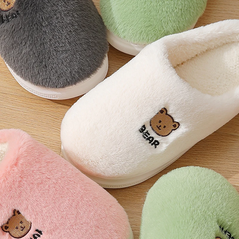 Couples Winter Home Slippers Women Shoes Cute Cartoon Bear Furry Shoes Men Warm Plush Slides Indoor Bedroom Non-Slip Floor Flats 6