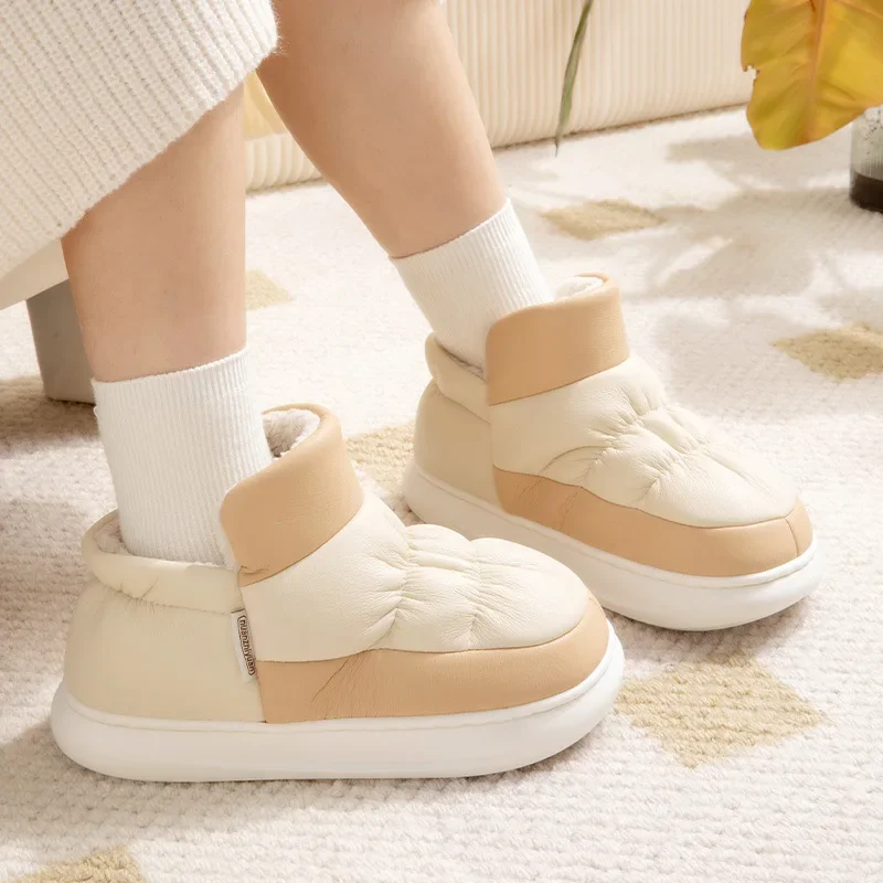 Factory Cotton Shoes Women's Winter Home PU Leather Warm and Plush Thickened Wrap Heel Couple Cotton Slippers Male Outwear