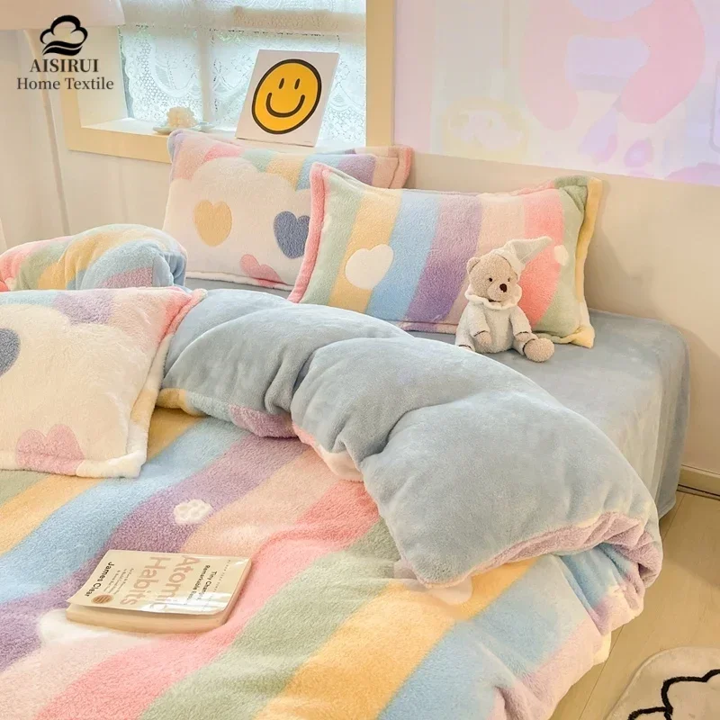 

Queen King Winter Flannel Duvet Cover Fashion Dual-color Soft Warm Quilt Cover Cozy Thick Comforter Cover for Adults Children