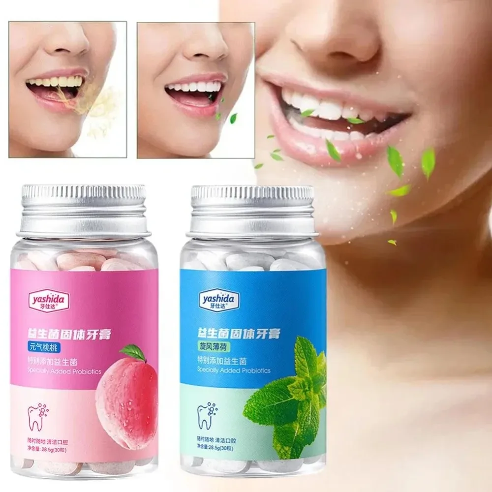 

Probiotic Solid Toothpaste Fresh Breath Stain Removal Bad Breath Portable Granular Toothpaste Solid Tablet Peach Mint Flavors