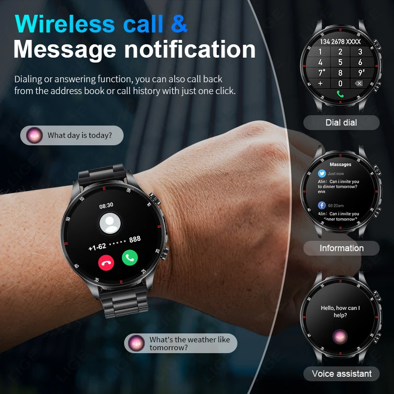 LIGE New Men Smart Watch LED Flashlight 1.53" HD Screen AI Voice Bluetooth Call Sports Watches Health Monitor Smartwatch Women