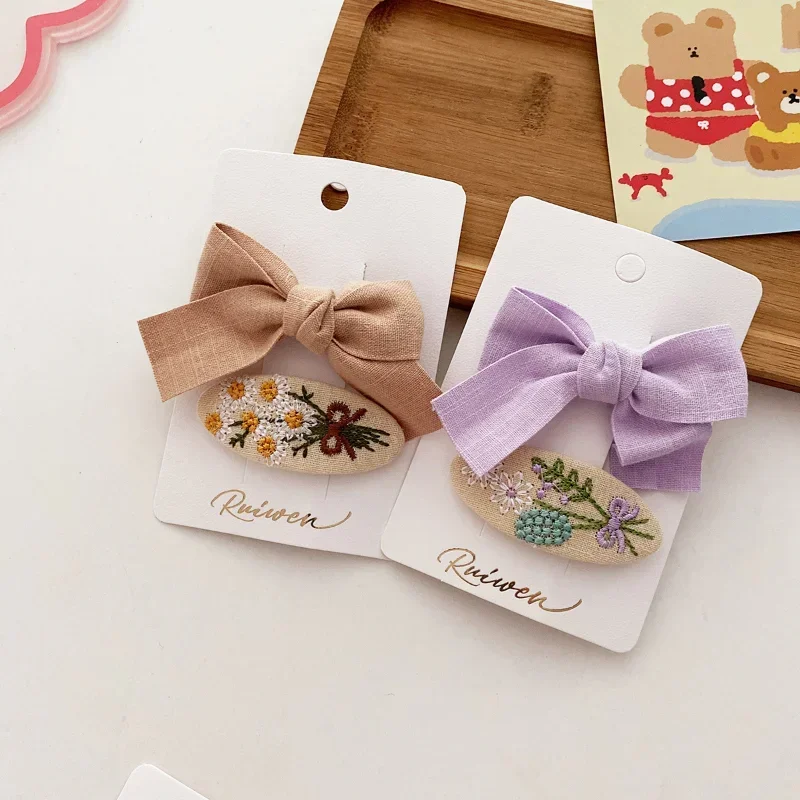Sweet Little Girl Bowknot Hair Clips Solid Color Korean Mini Kids Embroidery Barrettes Princess Baby Clamp Hair Accessories 2PCS,hair clips,hair accessories