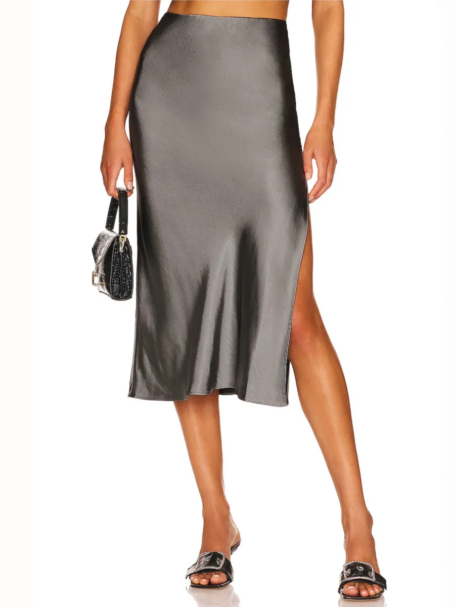 

Women's Elegant Draped Satin Midi Skirts 2024 New High Waist Textured Solid Side Split A-line Skirt Fashion Simple Faldas Lady