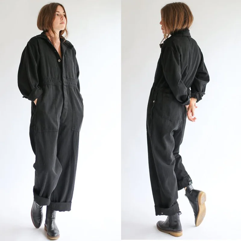 

Homemade YUTU&MM Women's black long-sleeved jumpsuit overalls cotton jumpsuit couple models spring new loose casual pants trend