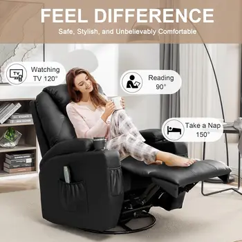 Rocking Chair with Massage and Heat, 360° Swivel Recliner Chairs for Adults, Rocker Manual Recliner with Remote Control 5