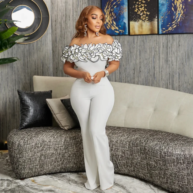 

Elegant Women Jumpsuits Off shoulder Ruffles Slim Bodycon Wide Leg Pants Jumpers Romers