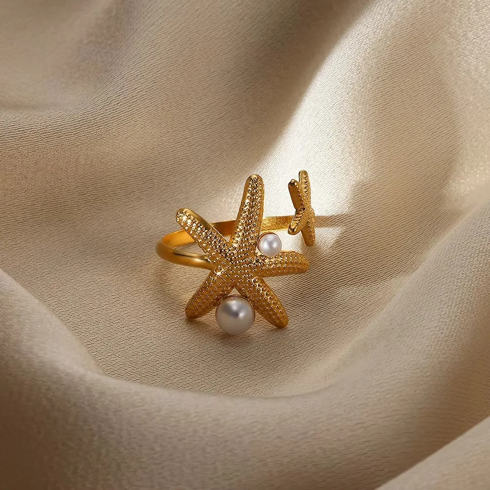 Starfish Rings For Women Girls Gold Color Pearl Stainless Steel Jewelry
