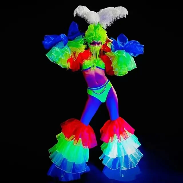 

Fluorescent Color Creative Stage Costumes Feather Headdress Bikini Nightclub Gogo Show Dancing Performance Clothing Suit