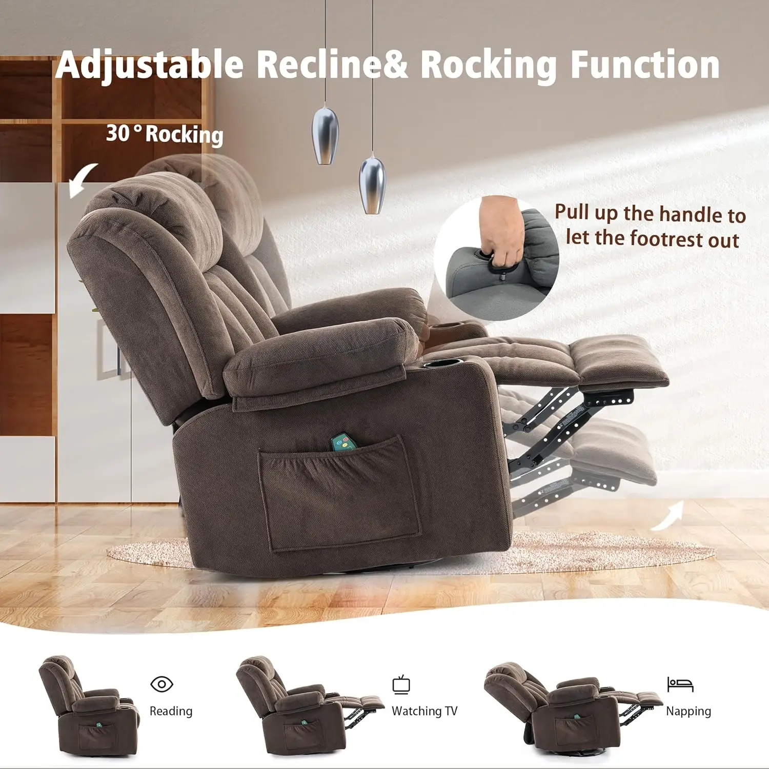 Rocker Swivel Recliner Chair for Adults, Overstuffed Large Manual Recliner Glider with Massage and Heat Comfy Soft Fabric Living