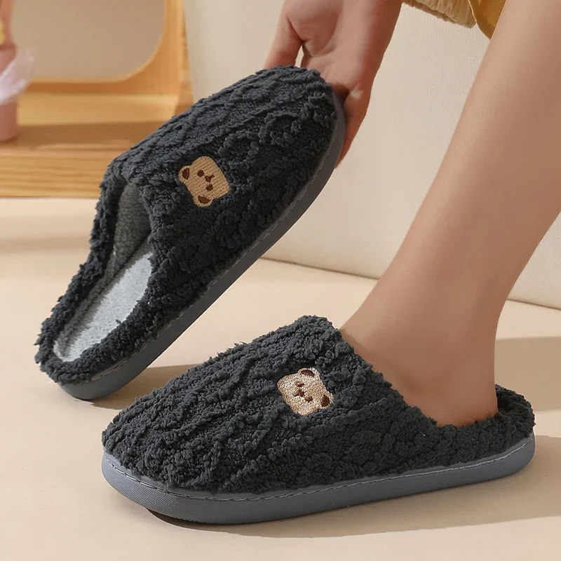 Cute Bear Embroidery House Slippers for Women Comfy Soft Sole Warm Home Plush Shoes Woman Autumn Winter Non Slip Cotton Slippers