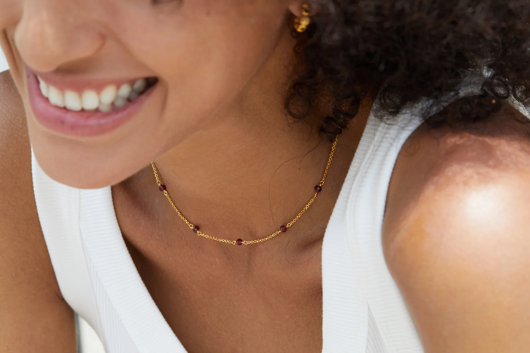 Silver Gold Plated Garnet Spaced Bead Station Necklace