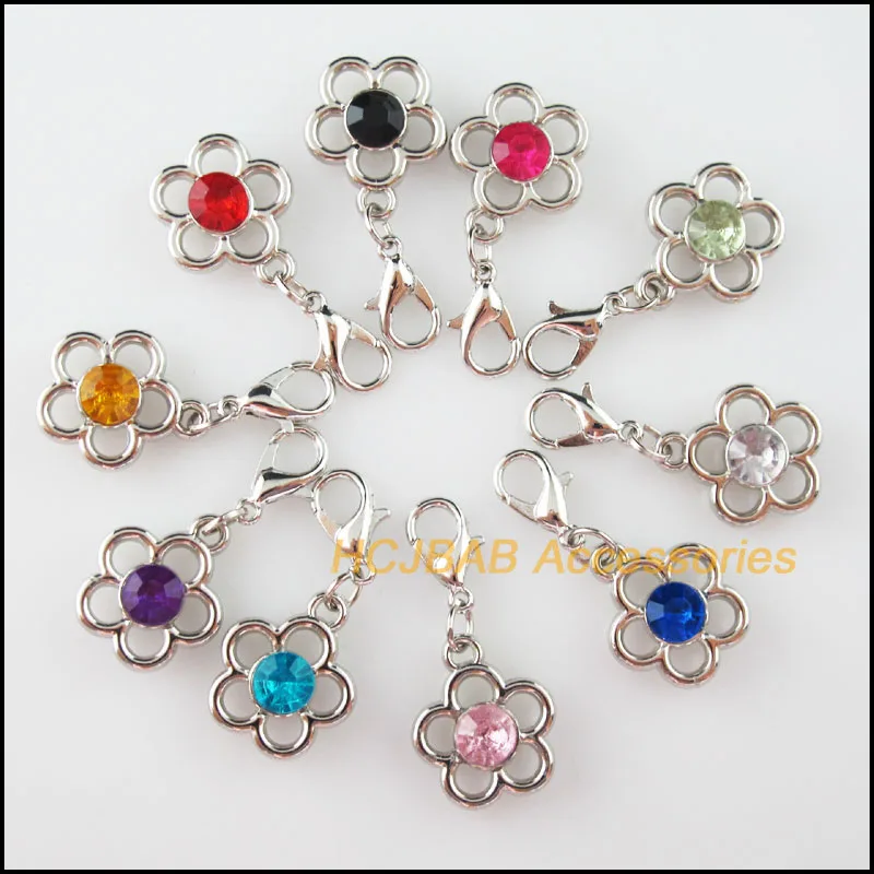 

Fashion New 20Pcs Dull Silver Plated Mixed Crystal Flower Charms With Lobster Claw Clasps 15x17mm