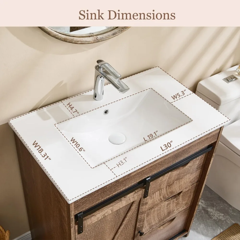 Farmhouse Bathroom Vanity with Sink, Bathroom Vanity Sliding Barn Door, Modern Bathroom Cabinet w/3 Drawers & Adjustable Shelves 4