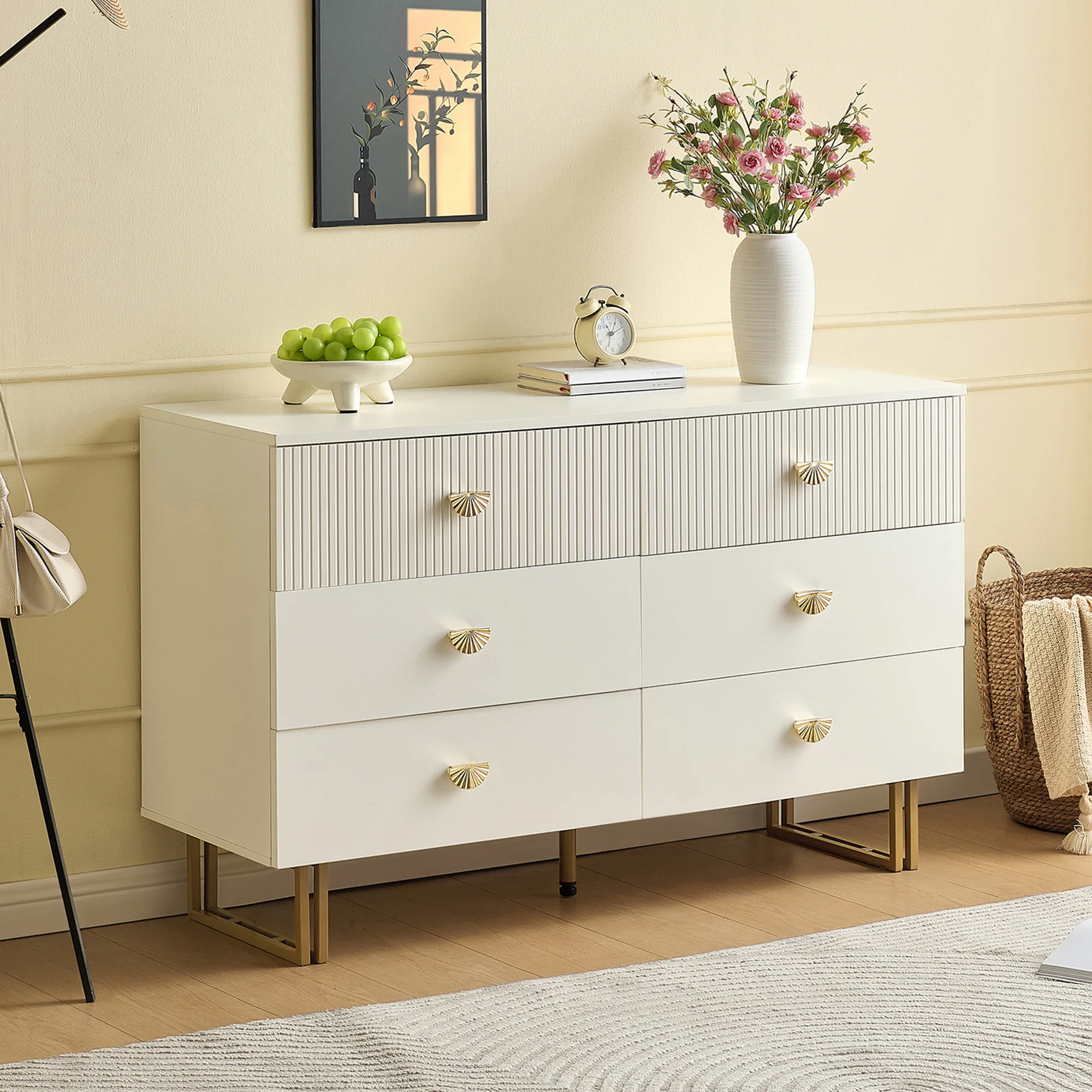 Modernes Sideboard mit 6 Schubladen in Weiß-Gold-Akzenten – elegantes Design aus MDF und Stahl, ideal für Schlafzimmer – Detail 7