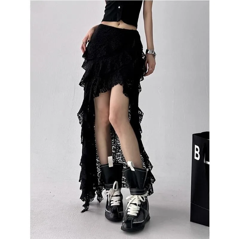 2025 Autumn New Women Clothing Black Skirts Sexy High Waist Lace Ruffles Patchwork Irregular Y2k Skirts Party Clubwear 3