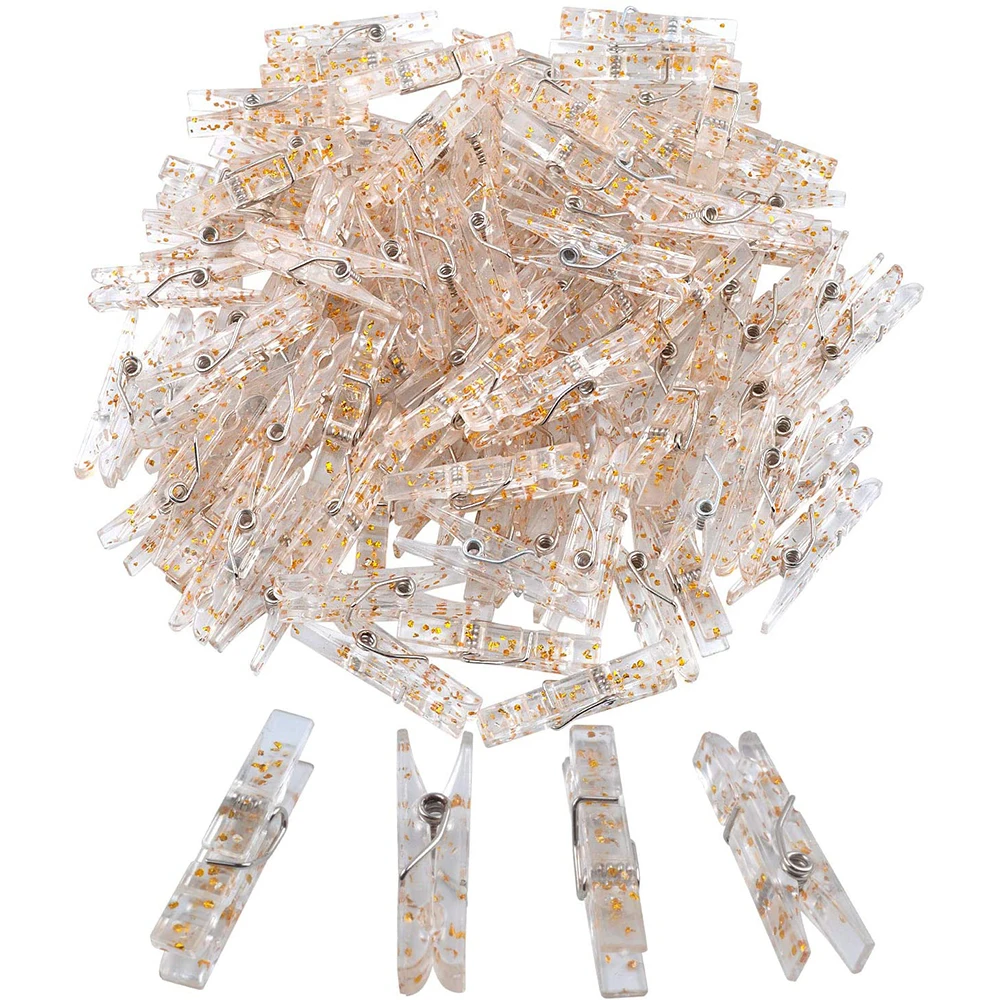 

100 Pieces Clear Plastic Utility Paper Clips Photo Paper Peg Pin Clothes Line Craft Clips, 3.5 x 0.5cm x 0.7cm(Golden Glittered)