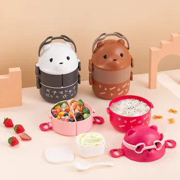 쌓을 수 있는 도시락 상자, 귀여운 곰, 누출 방지 도시락 용기, 뜨거운 음식 진공 보온병, 어린이 주방 가제트, 1 개