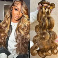 P4‑27 Piano Highlight Body Wave Mèches de Cheveux Humains 100% Brésiliens Remy, Tissage Fait Main, Doux et Épais, Sans Perte de Cheveux, Sans Nœuds, Extensions de Cheveux Brun Miel Blond pour Femmes 12‑26 Pouces 2