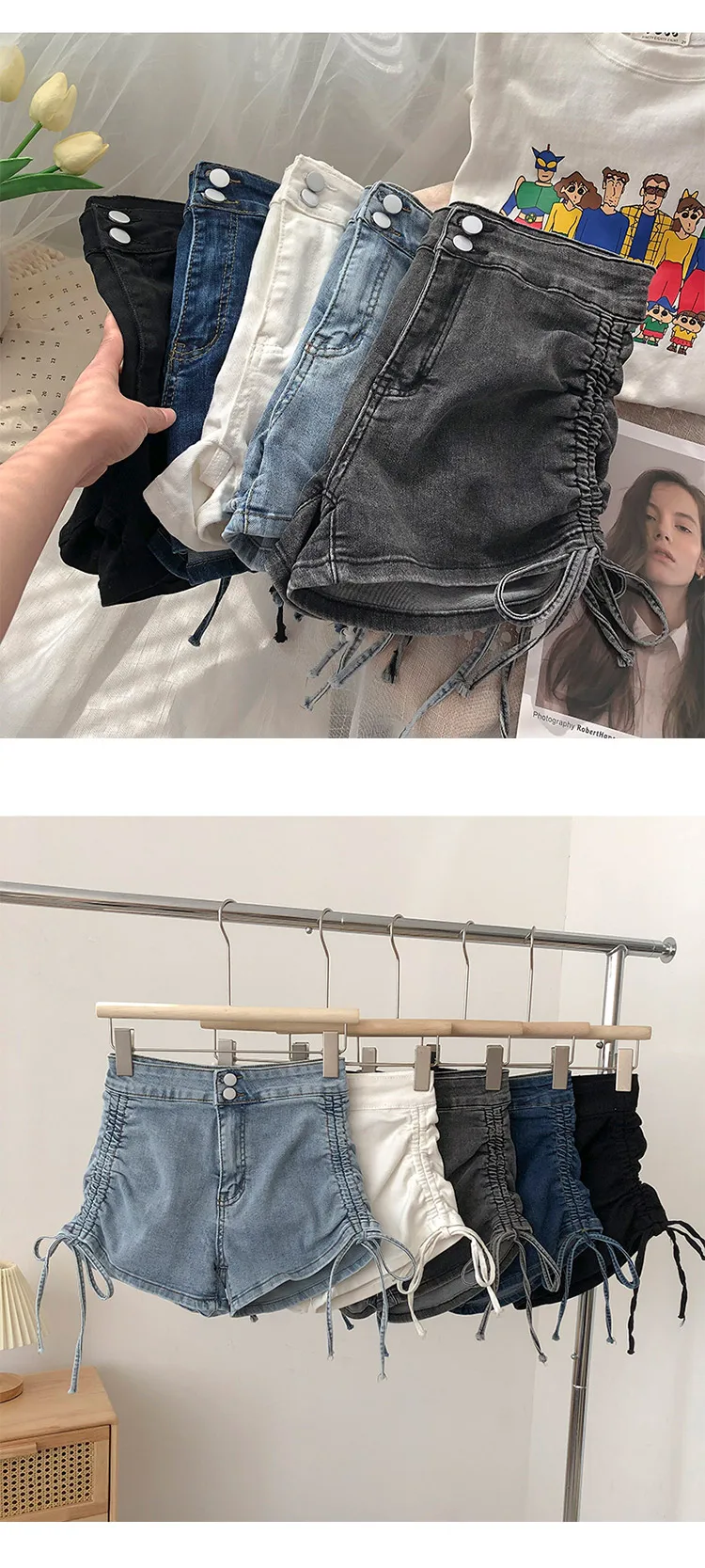 gap jeans Denim Shorts Two Button High Waist Drawstring Lace Washed Jeans Women Spring 2022 Korean Version Stretch Wide Leg  Slim Short stacked jeans