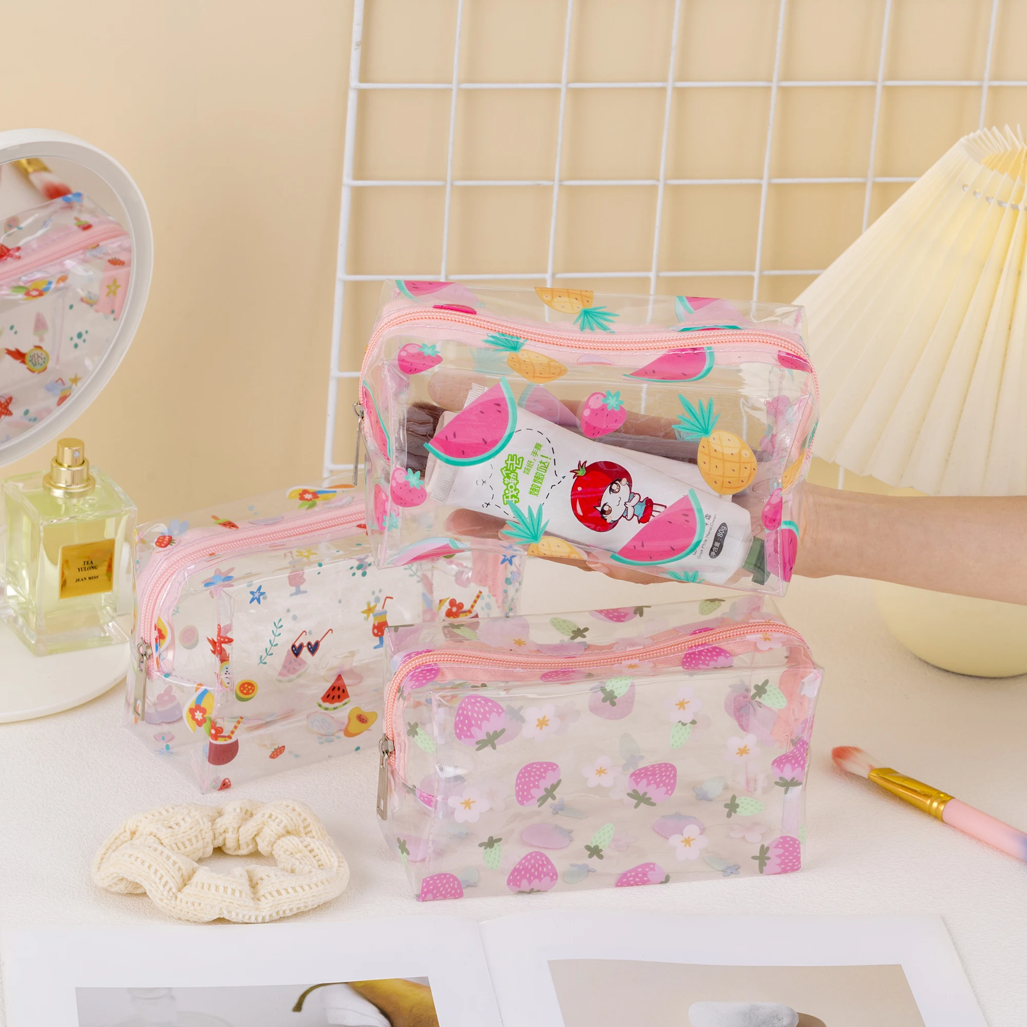 Women Girls Cute Transparent Clear PVC Watermelon Strawberry Fruits Lips Full Printed Summer Cosmetic Makeup Bag Cosmetic Zipper 2