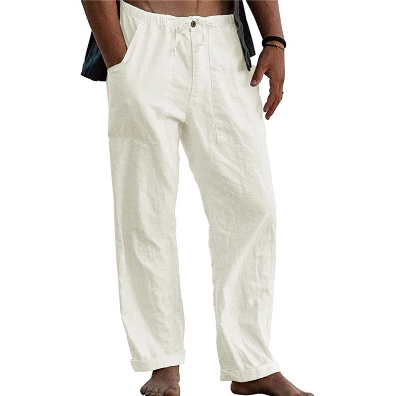 Pantalones blancos de y algodón para hombre, de Yoga ligero y suelto, informal, largo, con cordón botón, para verano, 2022| | - AliExpress