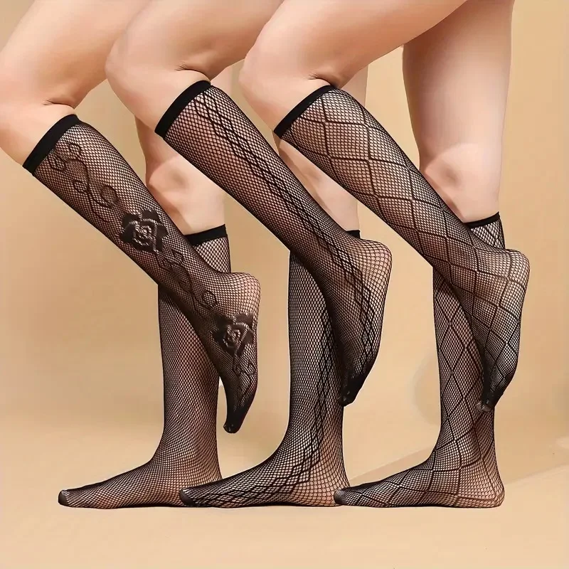 3 Pair Net Stockings Spring Summer Chic Trendy Mid-Calf Hosiery Airy Comfy Black Mesh Socks Fashion Legwear