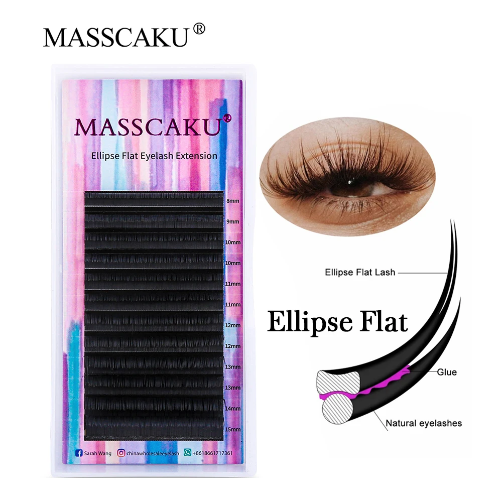 MASSCAKU 12rows/case 8-16mm Premium Natural Synthetic Mink Faux Eyelash Single Eyelashes soft flat ellipse Eyelash Extensions
