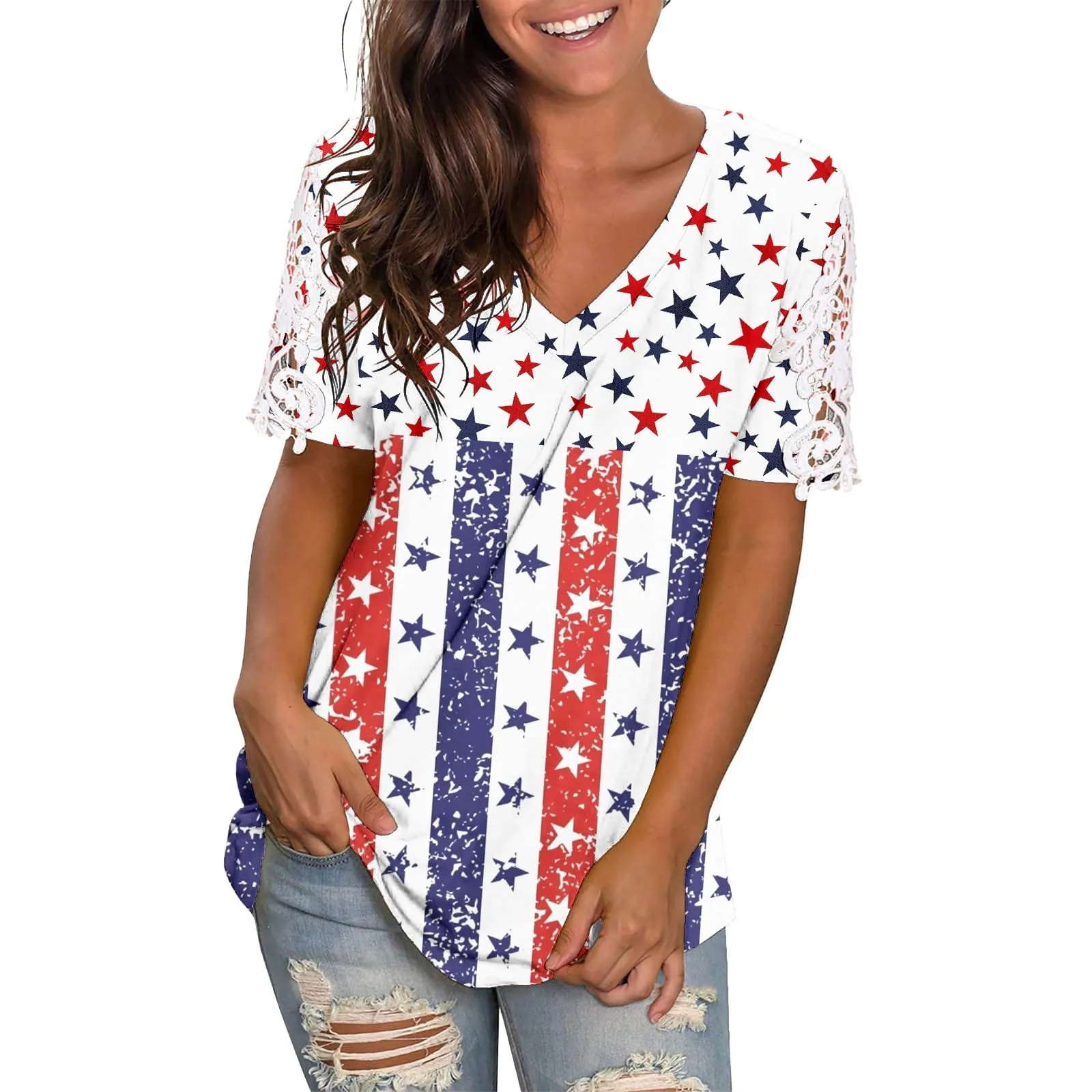 

Women's Fashion New Summer Print Short-sleeved mixed color five-pointed star Colors Spelling Casual V-neck Loose T Shirt Top