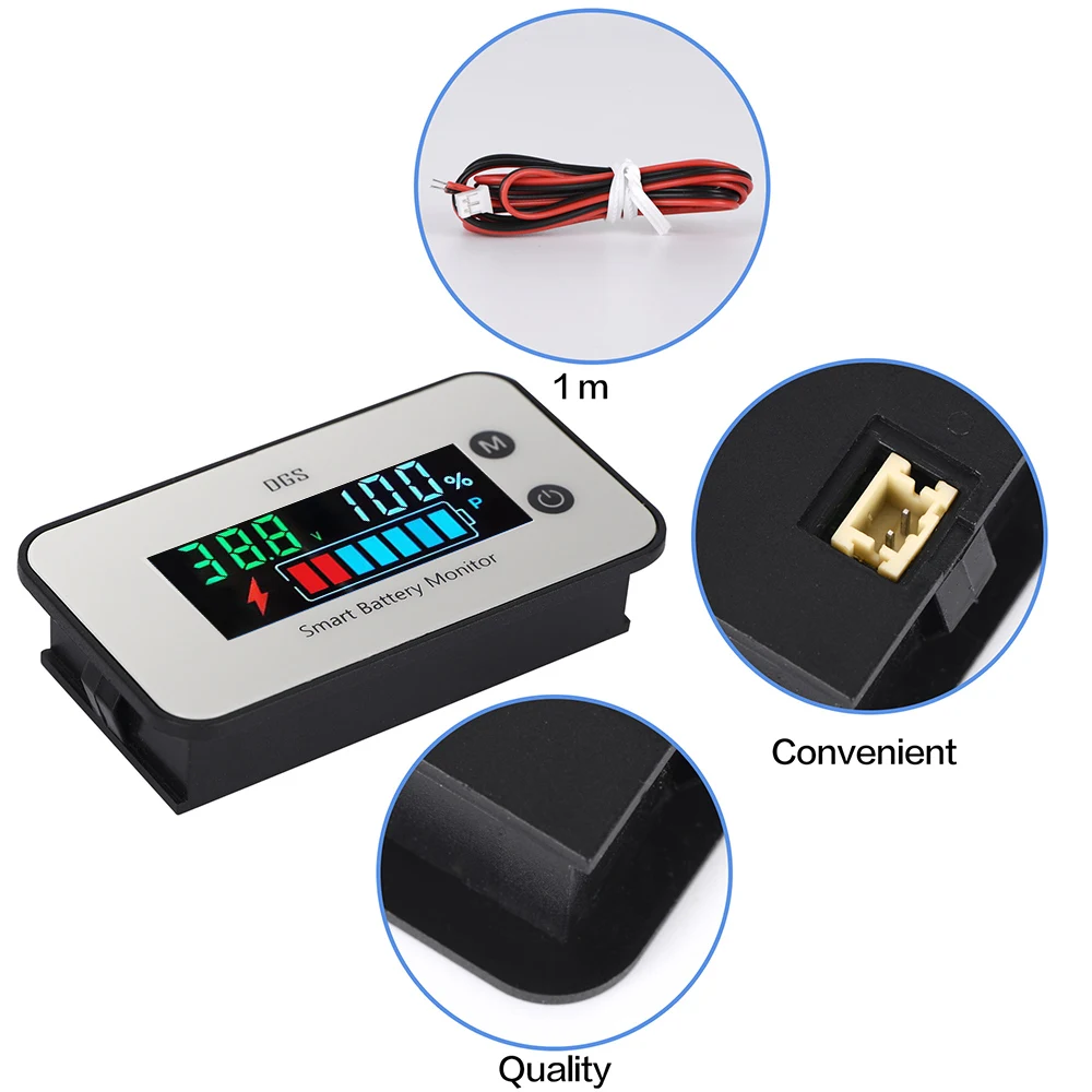 Universal Battery Capacity Monitor with Power Percentage & Temperature Indicator Gauge