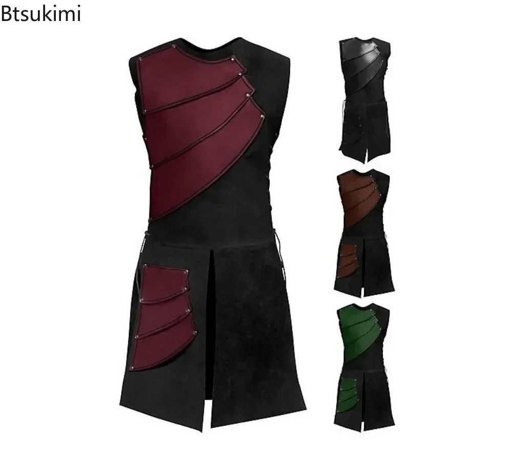 Top senza maniche in pelle da uomo Carnevale medievale rinascimentale Costume cosplay di Halloween Lacci laterali da uomo Abbigliamento per spettacoli teatrali