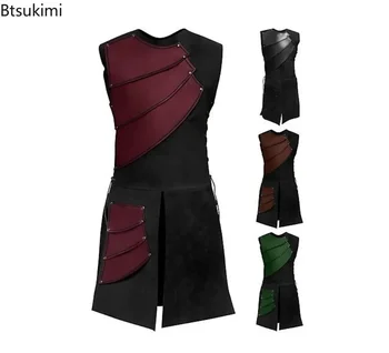 Top senza maniche in pelle da uomo Carnevale medievale rinascimentale Costume cosplay di Halloween Lacci laterali da uomo Abbigliamento per spettacoli teatrali