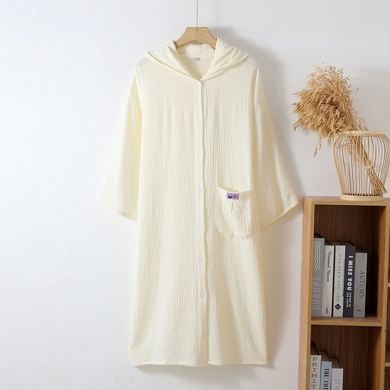 Double Yarn Cotton Loose Cardigan Button-up Hooded Long-sleeved Bathrobe Nightgown Solid Pocket Loungewear