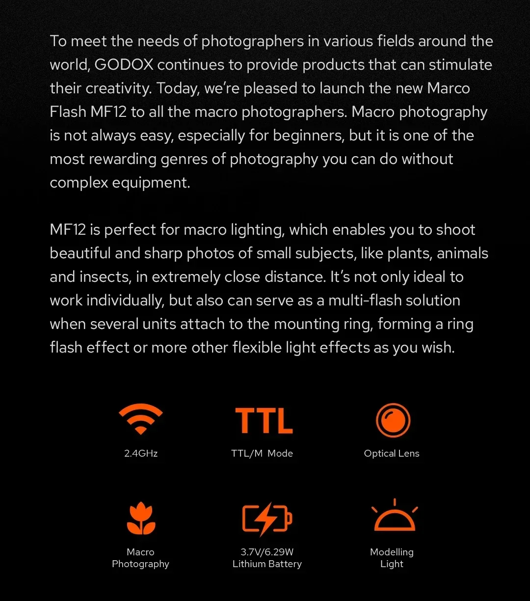 Description Picture 4 of itemGodox MF12 K2 Macro Flash Speedlite 2.4G Wireless Control TTL/M Mode Built-in Lithium Battery for Nikon Iconic Brand Iconic Brand Fuji Olympus