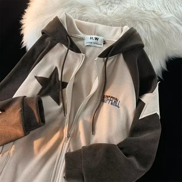 Retro Patch Star Hooded Corduroy Top 2