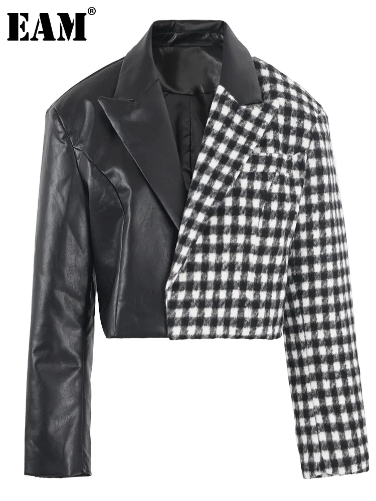 

[EAM] Women Black Pu Leather Plaid Big Size Short Blazer New Lapel Long Sleeve Jacket Fashion Tide Spring Autumn 2024 CPG1040