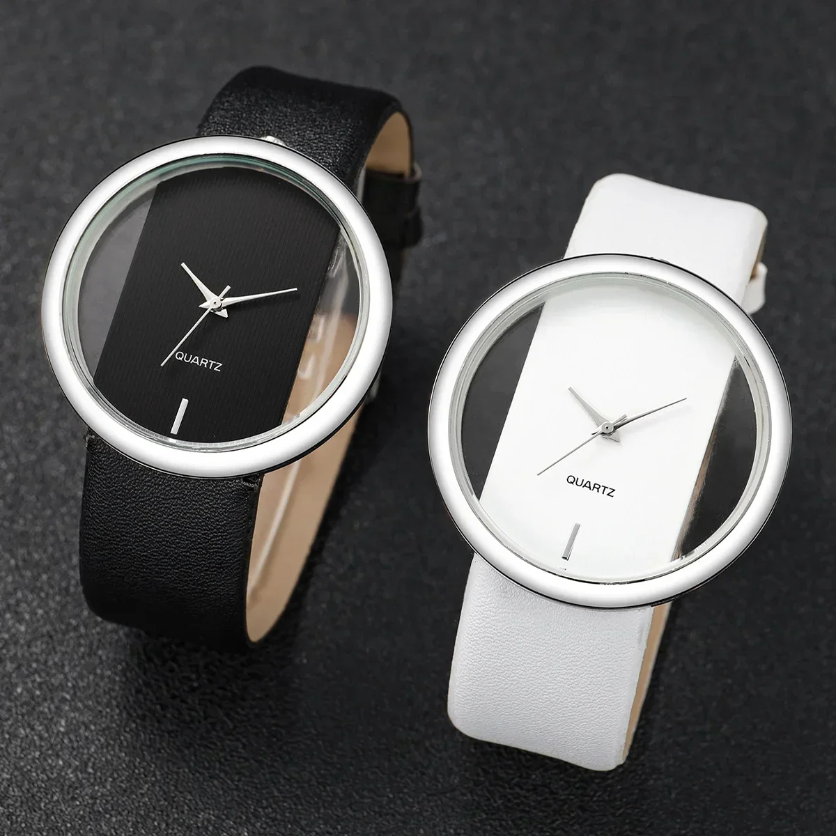1pc-Couple's Watches Fashion Hollow Out Dial Women’s Watch Leather Band Analog Quartz Wristwatch
