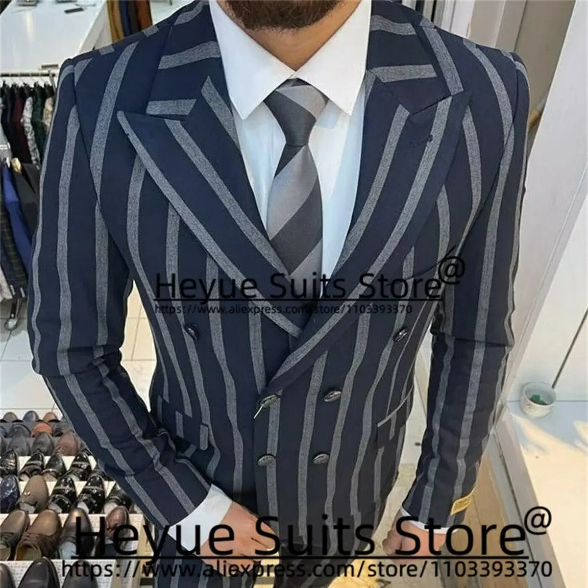 

Fashion Broad Stripe Blue Men Suits Slim Fit Peak Lapel Groom Formal Tuxedos 2Pcs Sets Double-breasted Male Blazer Costume Homme