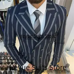 Fashion Broad Stripe Blue Men Suits Slim Fit Peak Lapel Groom Formal Tuxedos 2Pcs Sets Double-breasted Male Blazer Costume Homme