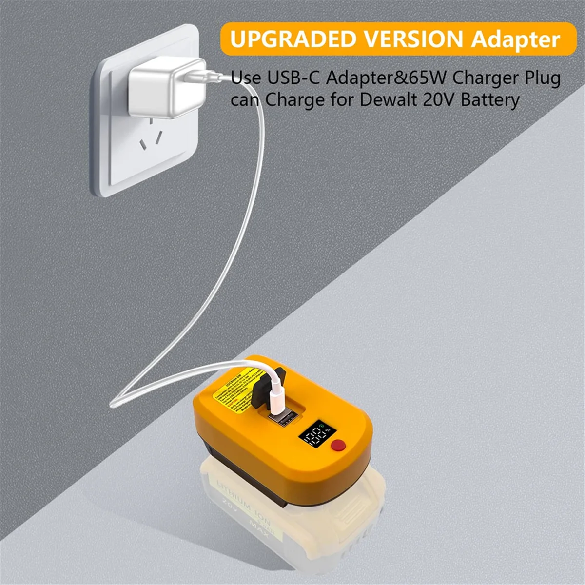 USB C Ladegerät für Dewalt 20V Akku, 2 Ports mit USB-C und USB-A,65W Schnell ladegerät PD 3,0 Netzteil USB Netzteil