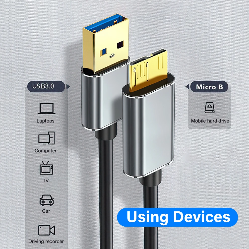 High-Speed USB 3.0 External Hard Drive Cable with Micro B Adapter – 1.5m/2m Sync Cord