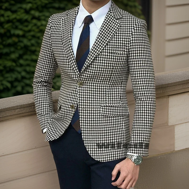 Plaid Casual Blazer for Men One Piece Houndstooth Suit Jacket with 2 Side Slit Slim Fit Male Coat Fashion Clothes