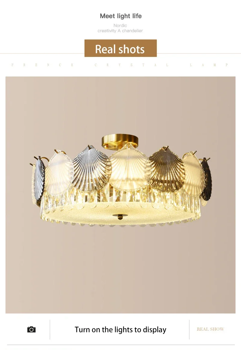 Description Picture 5 of itemShell Crystal French Modern Design Creative LED Ceiling Chandelier for Living Room Bedroom Restaurant Light Fixture Iron