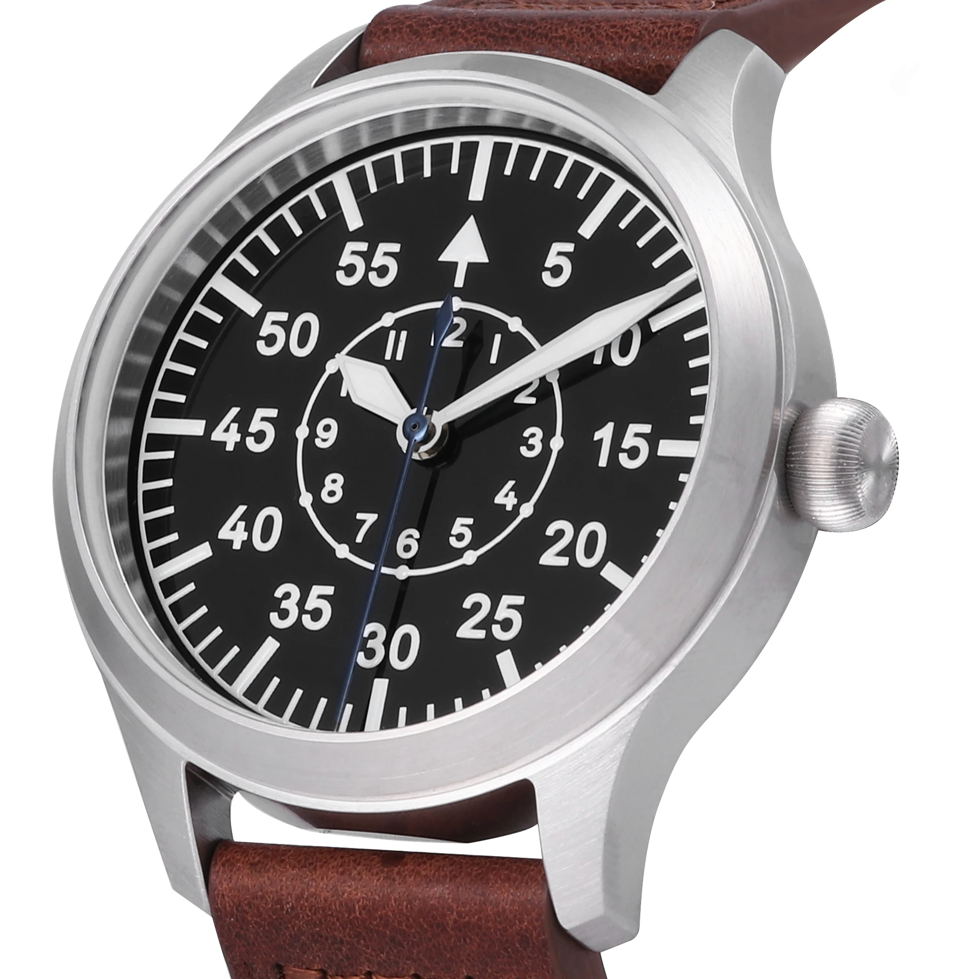Pilot Automatic Watch With Super BGW9 Luminous Dial Stainless Steel Case  Sapphire Crystal High Grade Genuine Leather Strap