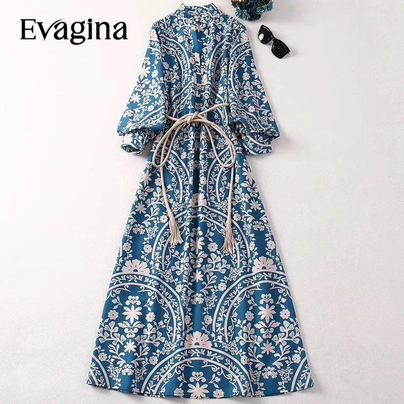 

Evagina New Fashion Runway Designer Women's Standing Collar Lantern Long Sleeved Drawstring Single Breasted Printed Blue Dress