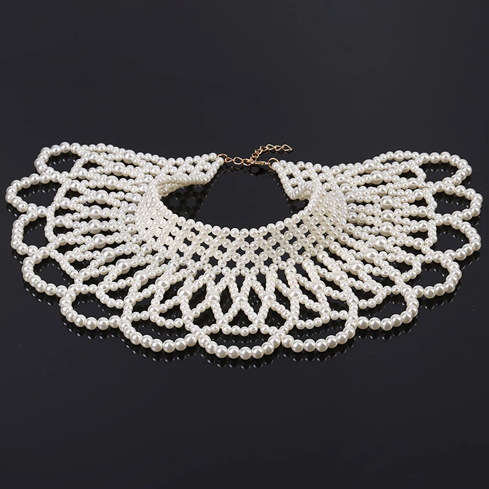 Elegant Pearl Shawl Necklace for Women Retro Fashion Hand Beaded body Jewelry Sweater Chain Wedding Dress Clothing Accessories