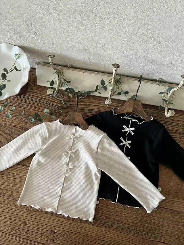 2025 Autumn New Baby Long Sleeve T Shirts Solid Girls Cute Bow Cotton Bottoming Shirts Infant Ribbed Tops Children Clothes 6