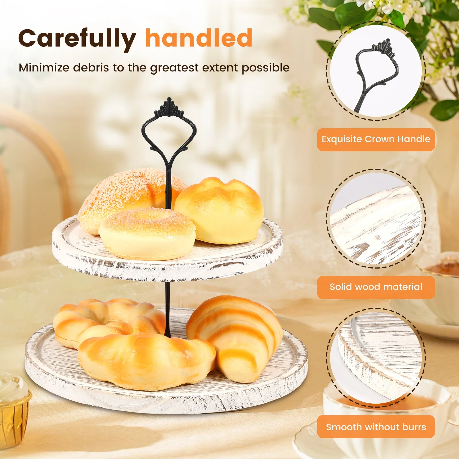 Wooden 2 Tiered Tray Round Farmhouse Kitchen Table Decor Serving Tier Tray Food Fruits Cupcake Display Coffee Bar Home Party 4