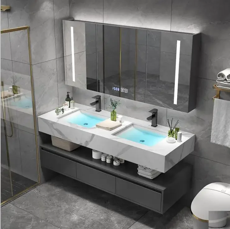 Italian Design Sanitary Ware Wall Mounted Mirrored Bathroom Vanity Cabinets With LED Mirror