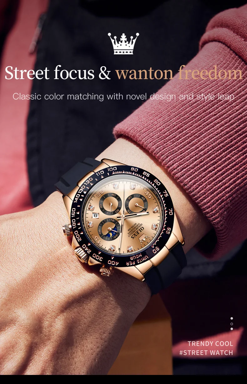 OLEVS Watches Mens Top Brand Luxury Casual Silicone 24Hour Moon Phase Men Watch Sport Waterproof Quartz Chronograph Wristwatches