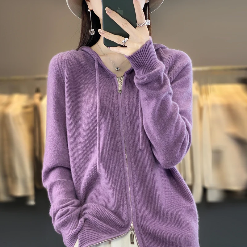 

Autumn and winter new 100% pure wool loose basic solid color double zipper long sleeve hooded knit cardigan.